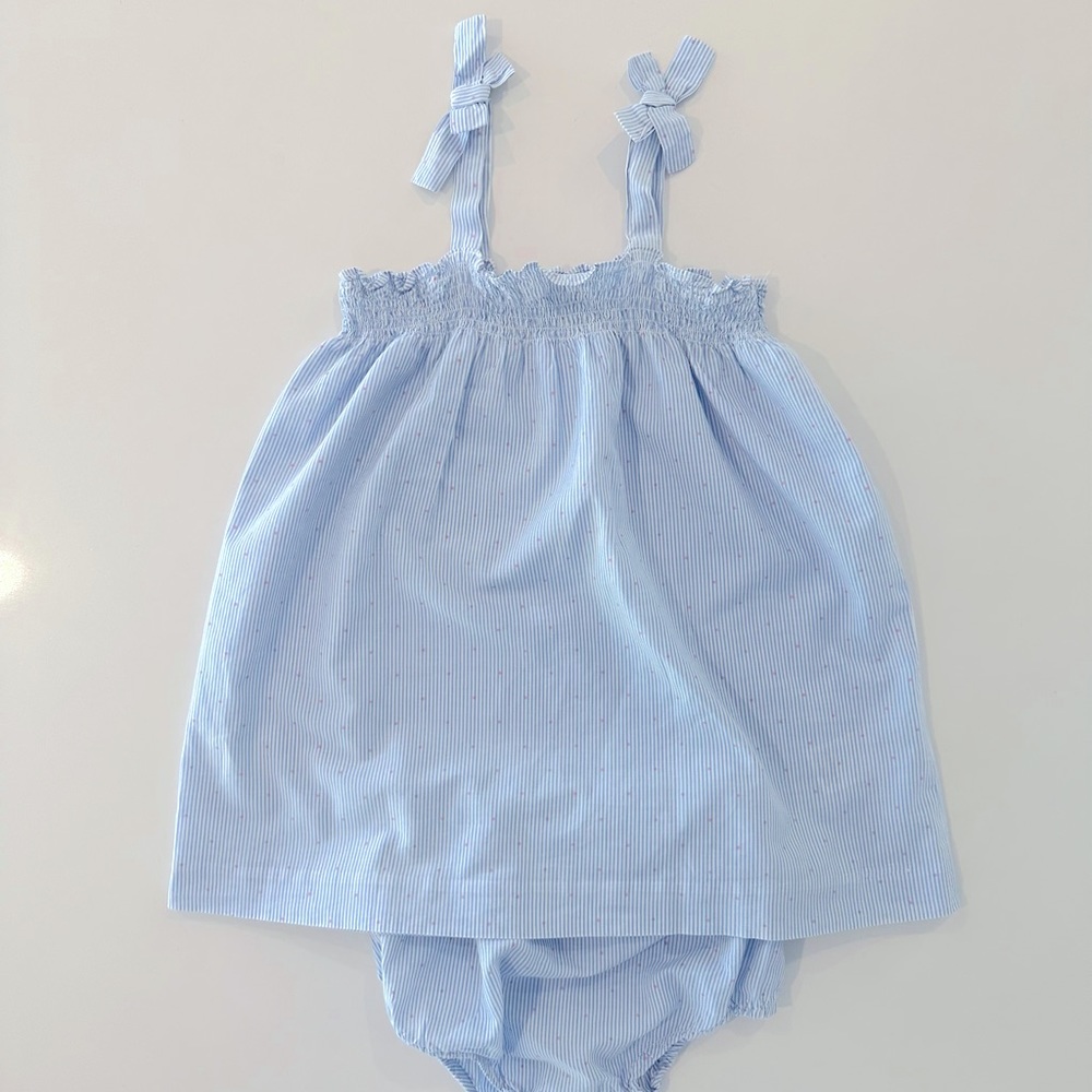 JACADI baby girl dress & bloomers in blue/white pinstripes w pink polka dots